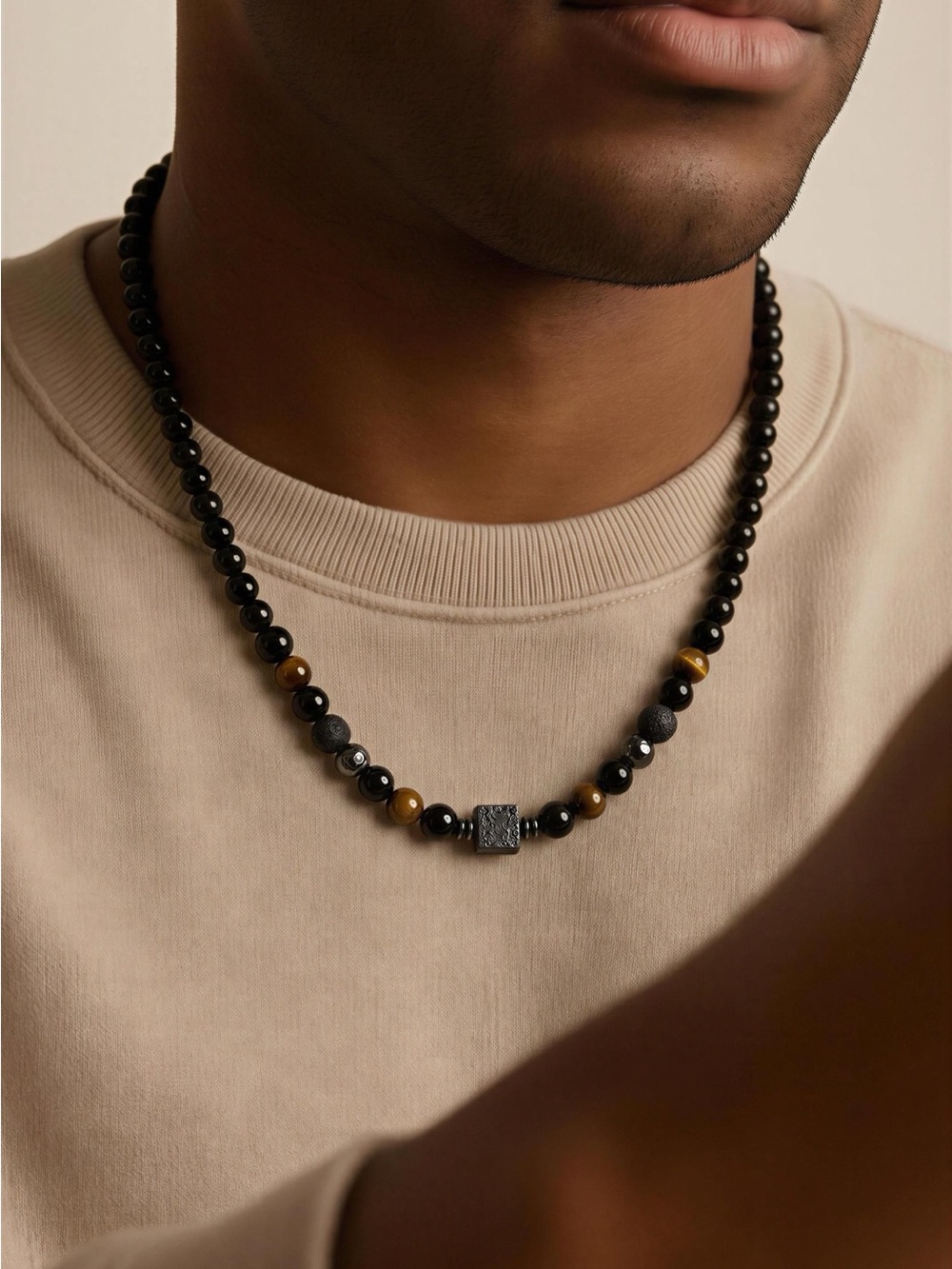 Men's Beaded Necklace in Black and Brown with Matte Accent Bead